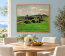 Piet Mondriaan - Landscape With Group Of Five Cows (circa 1901-02) in een eiken lijst in een lichte eetkamer met een zachtblauwe muur