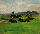 Piet Mondriaan – Landscape With Group Of Five Cows: Een groep koeien in een groene weide met bomen en wolken op de achtergrond.