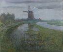 Piet Mondriaan – Oostzijdse Mill along the River Gein by Moonlight: Een molen aan de rivier in blauwgrijze avondtinten, met zachte weerspiegelingen in het water.