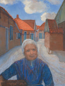 Piet Mondriaan – Op de Lappenbrink te Winterswijk: Een vrouw met een witte muts en blauwe kleding voor een straat met bakstenen huizen.