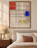 Piet Mondriaan - Study for a Composition (1940–1941) in een walnoten lijst boven een bed met een linnen hoofdbord