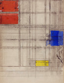 Piet Mondriaan – Study for a Composition: Een compositiestudie met potloodlijnen, twee rode vlakken en kleine blauwe en gele kleurvelden.