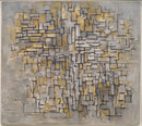 Piet Mondriaan – Tableau No. 2,Composition No. VII: Een verfijnd netwerk van rechthoekige lijnen en vlakken in lichte grijze en beige tinten.