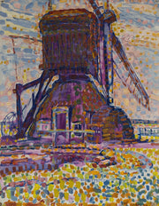 Piet Mondriaan – The Winkel Mill: Een expressief geschilderde molen met paarse en blauwe accenten en kleurrijke penseeltoetsen.