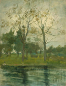 Piet Mondriaan – Two Trees Silhouetted Behind A Water Course: Twee bomen achter een waterloop in zachte groene tinten, met spiegelingen op de voorgrond.