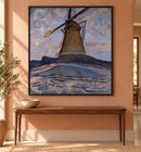 Piet Mondriaan - Windmill (1917) in een zwarte lijst boven een walnoten haltafel tegen een terracottakleurige muur