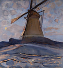 Piet Mondriaan – Windmill: Een molen met donkere wieken op een duinachtig terrein onder een blauwgrijze lucht.