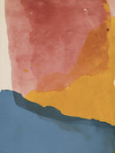 Abstracte schildering in oudroze okergeel en blauw