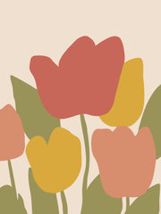 Grafische tulpen in terracotta roze en okergeel met groene bladeren