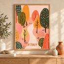 October Woods herfstbomen poster october in houten lijst boven een eiken kast in een warm interieur