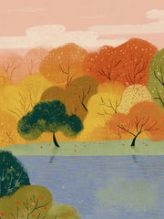 Blauw meer met herfstbomen in oranje okergeel en groen