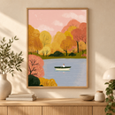 Autumn Rowboat roeiboot op herfstmeer poster in houten lijst boven een eiken kast in een warm interieur
