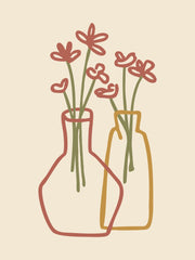 Lijntekening van twee vazen met bloemen in terracotta groen en okergeel