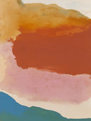 Abstract kleurvlaklandschap in terracotta okergeel roze en blauw