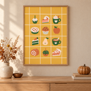 Autumn Bakery in een houten lijst boven een eiken kast in een warm beige interieur