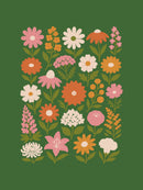Kleine roze oranje okergele en beige bloemen met groene bladeren op donkergroen