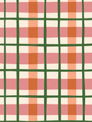 Grafisch ruitpatroon met groene oranje en roze lijnen op beige