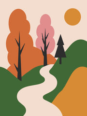 Beige slingerpad door groene heuvels met oranje en roze bomen zwarte den en okergele zon