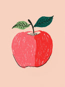 Een grote appel in roze en rood met twee groene bladeren en donkere contouren staat centraal op een lichte perzikkleurige achtergrond.