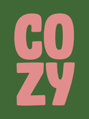Grote roze letters Cozy verdeeld over twee regels op donkergroen