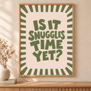 Is It Snuggles Time Yet in een houten lijst boven een eiken kast in een warm beige interieur