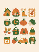 Zestien herfstillustraties met huisje paddenstoelen mok pompoen egel trui en bloemen op beige