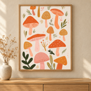 Mushroom Party in een houten lijst boven een eiken kast in een warm beige interieur