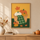Pumpkin Picnic in een houten lijst boven een eiken kast in een warm beige interieur