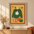 Sweater Weather Still Life in een houten lijst boven een eiken kast in een warm beige interieur