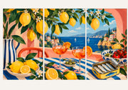 Dopamine Dolce Vita drieluik – doorlopende mediterrane illustratie met citroenen, spritz en sardientjes