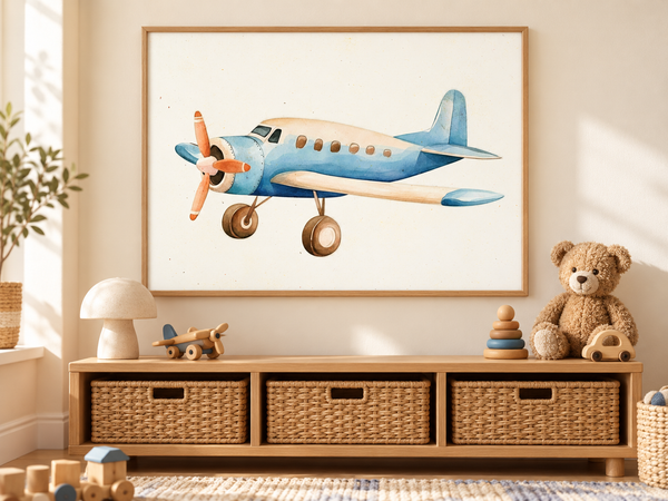 Blauw Vintage Propellervliegtuig in een houten lijst boven een speelgoedkast in een lichte kinderkamer