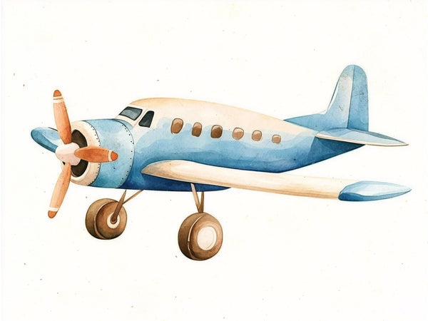 Een vintage propellervliegtuig in zachte blauwe en crèmekleurige tinten met een oranje propeller en bruine wielen op een lichte achtergrond.
