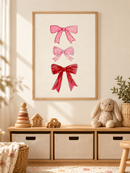Drie Roze Strikken in een houten lijst boven een speelgoedkast in een lichte kinderkamer