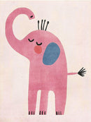 Roze olifant met gesloten ogen en blauw oor op een lichte achtergrond
