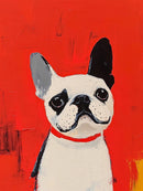 Witte en zwarte Franse bulldog met rode halsband op een rode achtergrond
