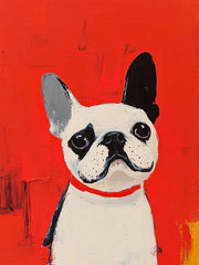 Witte en zwarte Franse bulldog met rode halsband op een rode achtergrond