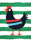 Donkerblauwe kip met rode kam en poten op een achtergrond met groene en witte strepen.