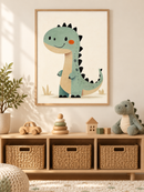 Groene Dino Crème in een houten lijst boven een speelgoedkast in een lichte kinderkamer