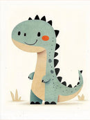 Een lachende groene dinosaurus met beige buik, zwarte rugstekels en oranje wang op crème.