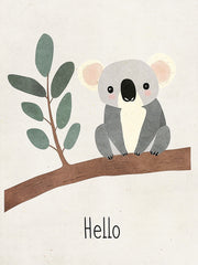 Grijze koala op een bruine tak met groene bladeren en tekst Hello