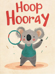 Een grijze koala met een groene hoepel en een turquoise hemd, onder de rode tekst Hoop Hooray.