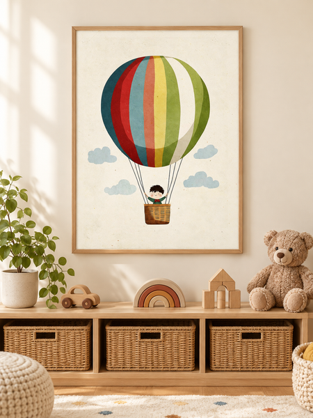 Jongen in een Kleurrijke Luchtballon in een houten lijst boven een speelgoedkast in een lichte kinderkamer