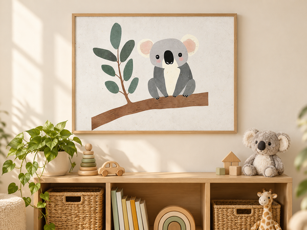 Koala op een Eucalyptustak in een houten lijst boven een speelgoedkast in een lichte kinderkamer