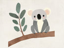 Een grijze koala met roze wangen en een zwarte neus op een bruine tak met groene eucalyptusbladeren tegen een lichte achtergrond.