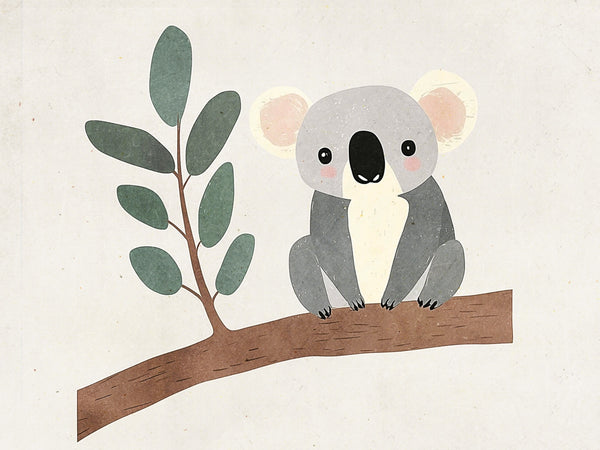 Een grijze koala met roze wangen en een zwarte neus op een bruine tak met groene eucalyptusbladeren tegen een lichte achtergrond.