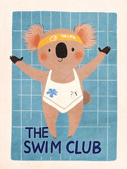 Koala in een wit badpak met gele hoofdband op blauwe tegels met de tekst The Swim Club