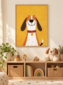 Lachende Hond Geel in een houten lijst boven een speelgoedkast in een lichte kinderkamer