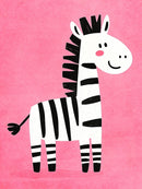 Lachende zwart-witte zebra met roze wang op een felroze achtergrond.