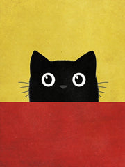 Zwarte kat met grote witte ogen die over een rood vlak kijkt tegen een gele achtergrond.
