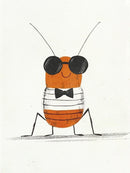 Een glimlachend oranje insect met lange voelsprieten, een ronde zwarte zonnebril, een gestreept shirt en een vlinderdas op een lichte achtergrond.